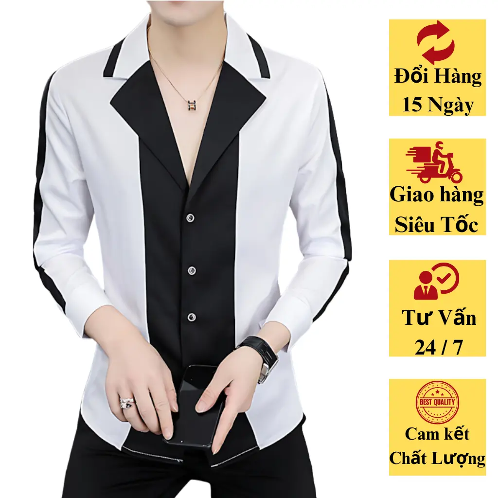 Áo sơ mi dài tay áo sơ mi nam cổ vest phối 2 màu đen trắng cực độc cực chất N22