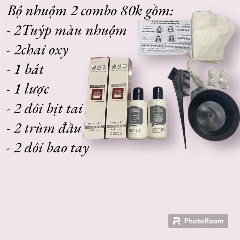 ( TẶNG 1 Bịch Dưỡng nhỏ )Thuốc nhuộm Combo 2 Set Nhuộm Tại Nhà Dễ Dàng ( 2 Tuýp nhuộm + 2oxy + 1 bát + 1 lược + 2 đôi bao tay + giấy HD + trùm đầu + bịt tai ) Đổi Màu Tóc Nữ