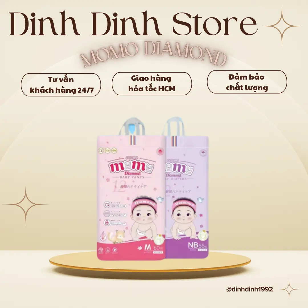 [TẶNG KHĂN ƯỚT] COMBO 2 BỊCH Bỉm Momo Diamond Organic dán/quần S64/M62/M60/L54/XL50/XXL48/XXXL46