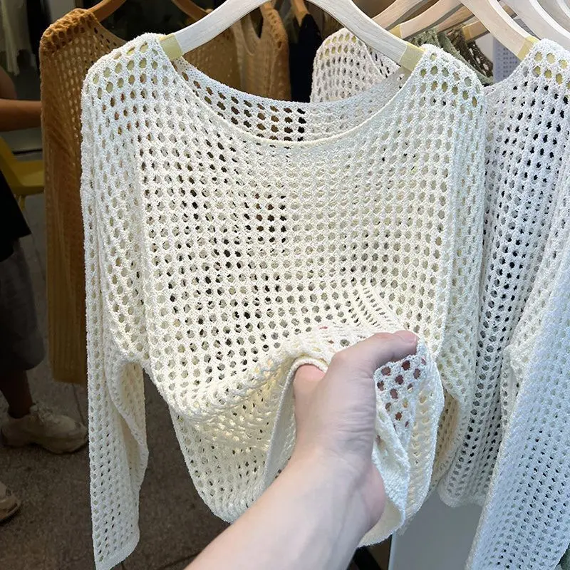European Goods Long Sleeve Hollow-out Knitted Mesh Shirt Women's Summer Thin Type Sunscreen Blouse Spring 2024 Early Spring New Top Outer Wear