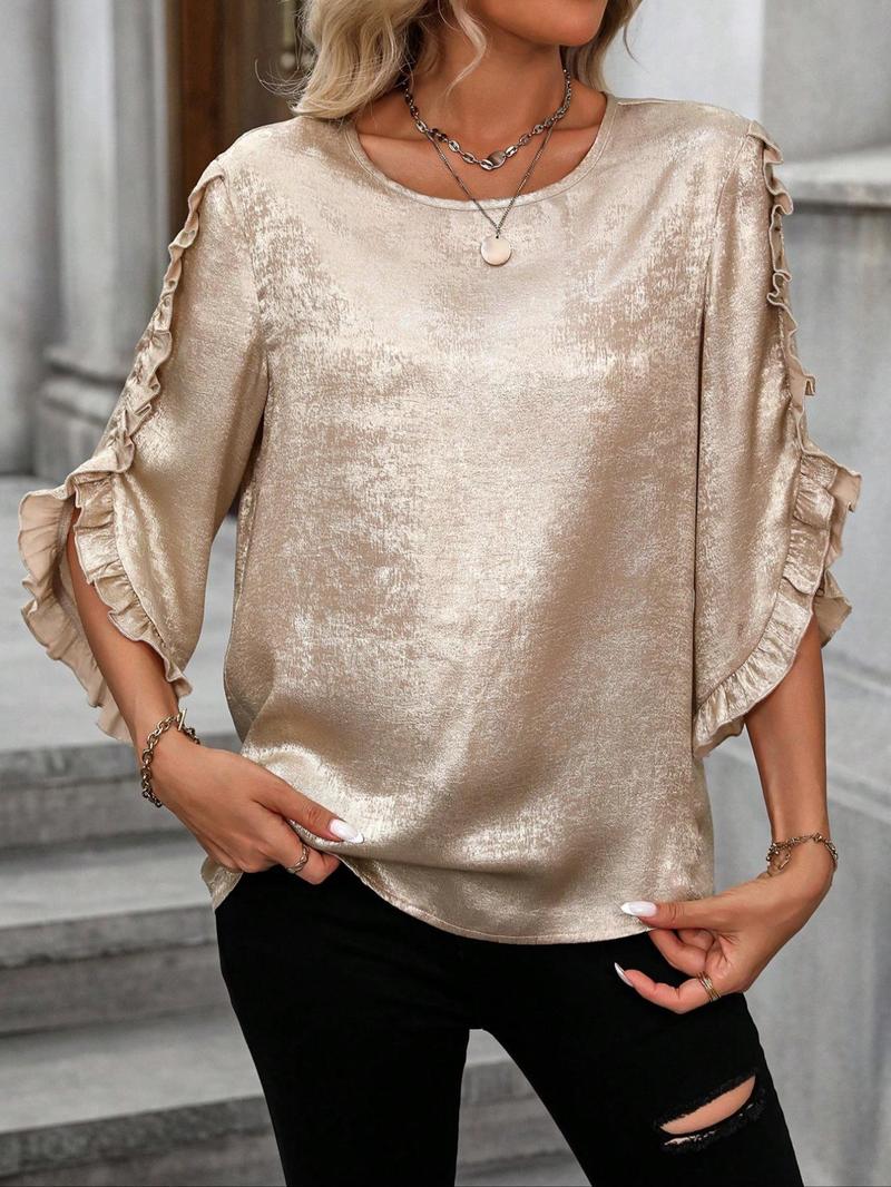 Product Introduction of Women's Glitter Ruffle Hem Flounce Sleeve Blouse, Elegant 3/4 Sleeve Round Neck Top for Daily Wear, Ladies Clothes for All Seasons 4