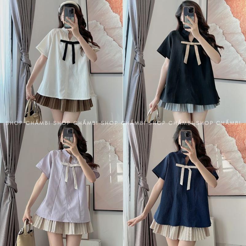 [KO KÈM QUẦN] Áo sơ mi nữ A.639, Áo nữ dáng vừa tay ngắn cổ tàu phối nơ trước ngực cách điệu - Shop Chấm Bi