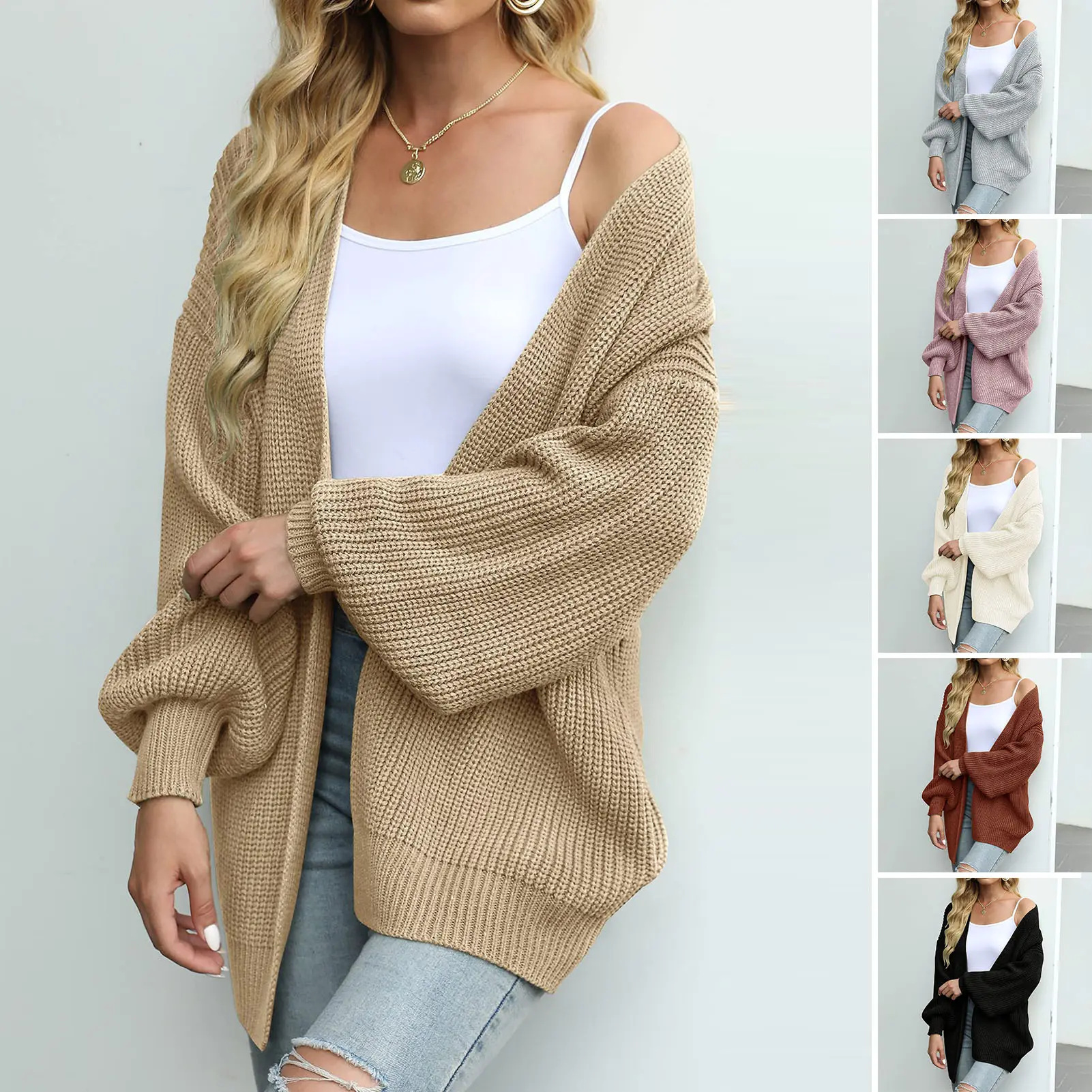 [mfttuget]Women Knitting Cardigan Lantern Long Sleeve Open Front Mid-length Sweater Coat Solid Color Loose Fit Knitting Outerwear
