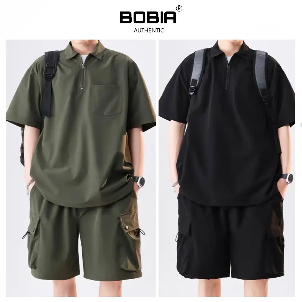 Set bộ quần áo sơ mi Zip đũi chất cotton đũi cao cấp, Áo cộc tay lỡ unisex basic, Full logo tag, hợp mọi thời đại