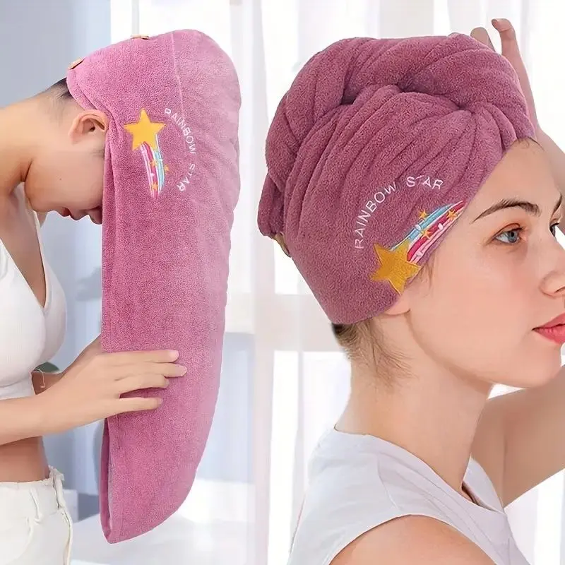 Star & Letter Pattern Hair Towel, Soft Hair Towel Wrap, Hair Towel Cap for Women & Girls, Girly Bedroom Accessories, Boyfriend Gifts 0