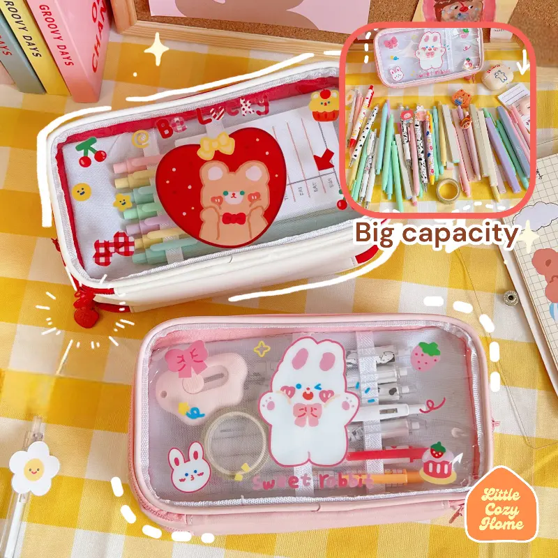 Cutie Jumbo Transparent Pencil Case / Korean Style Kotak Tempat Pensil Besar Dengan Resleting / Muat Banyak / Big Capacity With Zipper Blue Brown 7