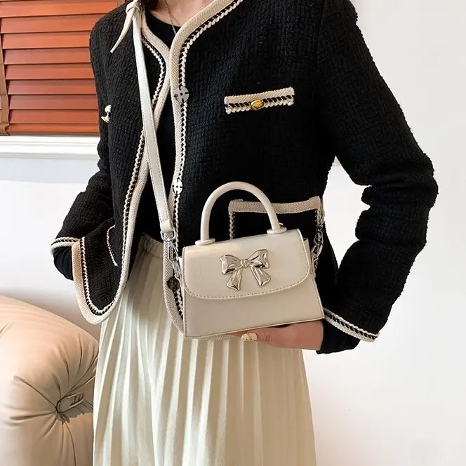Túi Xách Nữ Cầm Tay Nơ Xinh Dạ PU Trơn Đeo Chéo Đeo Vai Phong Cách Hàn Xinh Xắn Bag Kem Da   CUN361 3
