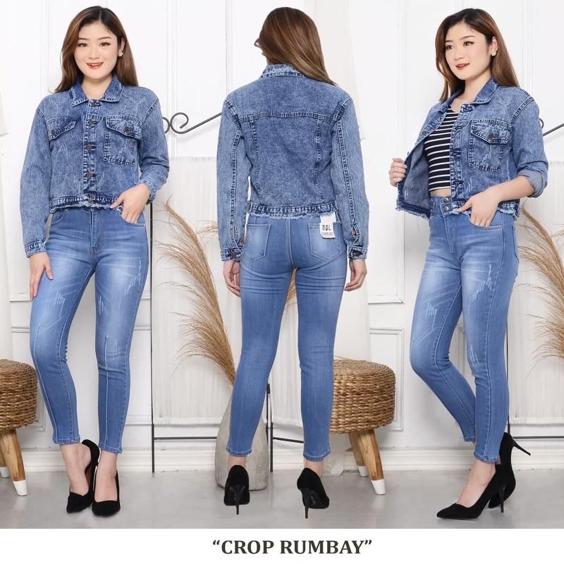 lucretia -Jaket Jeans Crop Rawis Unfinished  Panjang Softjeans- Jaket Wanita Crop Rumbai-Jaket denim Crop Termurah - Pakaian Wanita Cewek Blazer outer 1