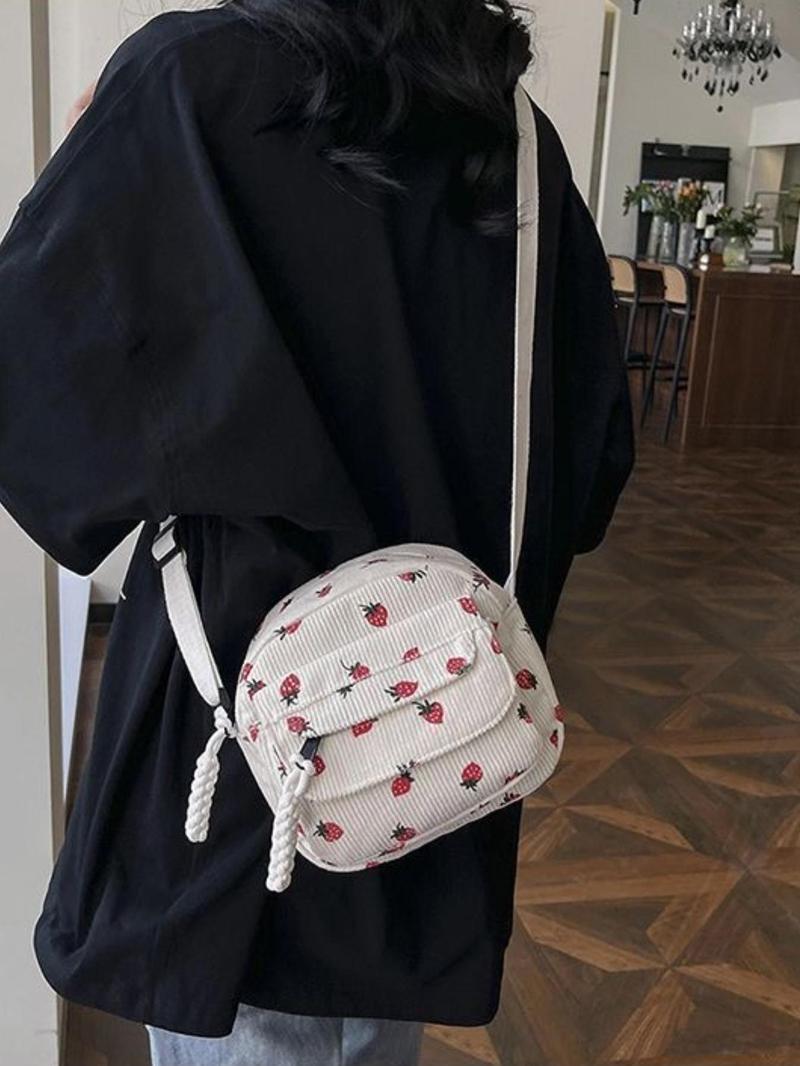 Product Introduction of Women's Strawberry Pattern Corduroy Crossbody Bag, Fashionable Zipper Shoulder Bag for Daily Used, Casual Trendy Versatile High-quality Commuting Bag 8