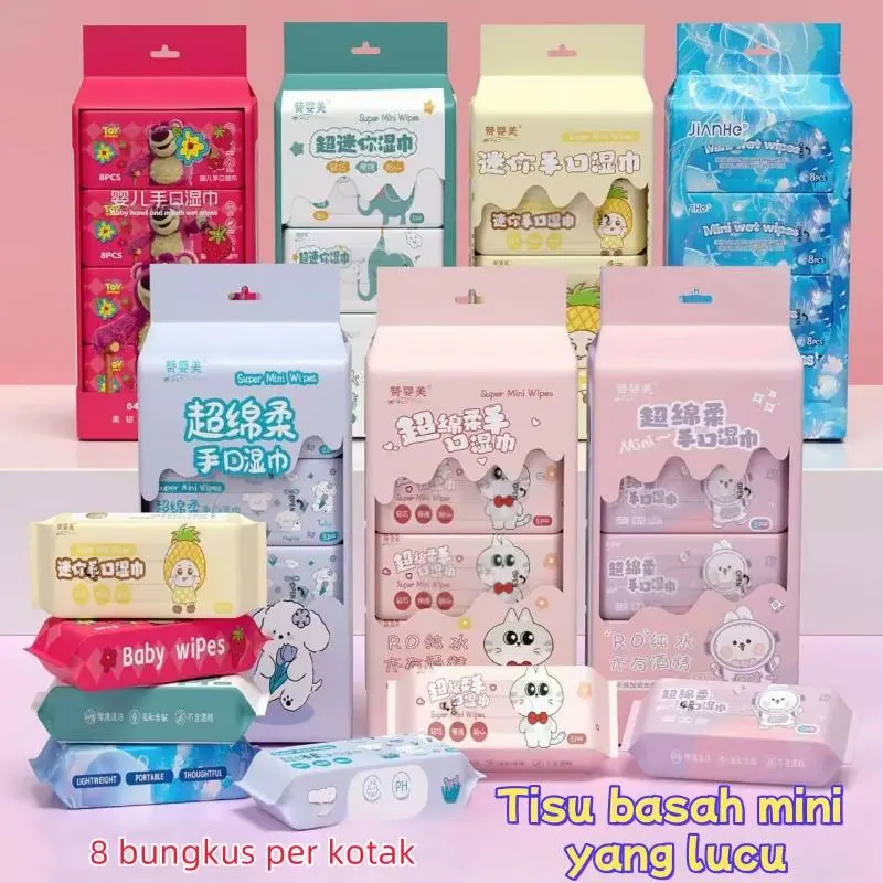 Tisu basah mini karakter lucu tisue basah wipes travel size 1 pack isi 8 pcs murah higienis lembut aman untuk bayi dan dewasa