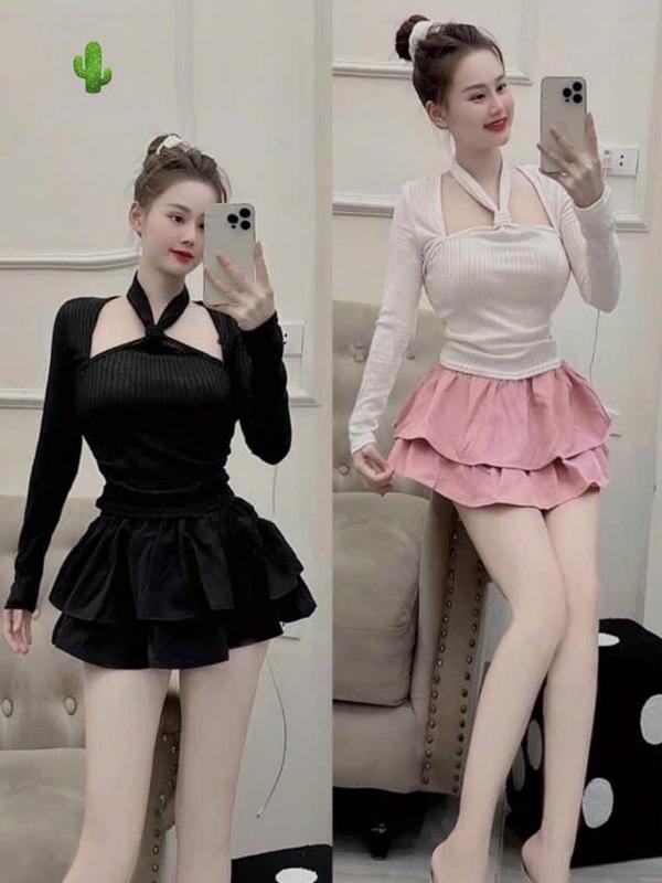 Set áo gân tay dài cổ yếm và chân váy voan tầng Nữ Voi Top Women Quần Polo Thun
