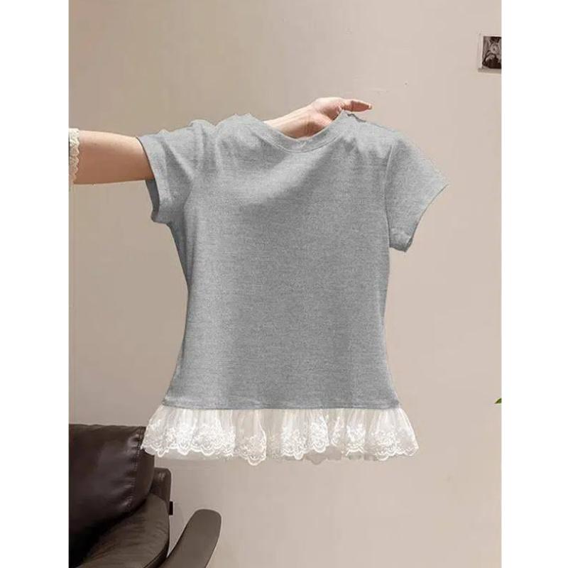 kaos polos slim lengan pendek renda atasan wanita kekinian soft cotton musim panas korean style