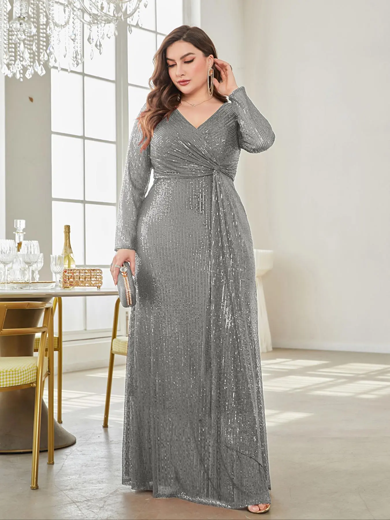 【Plus Size】 Glitter Sequins V Neck Party Dress, Elegant Fashion Long Sleeve Maxi Dress for Party Wedding Guest, Women's Clothes for All Seasons, Womenswear