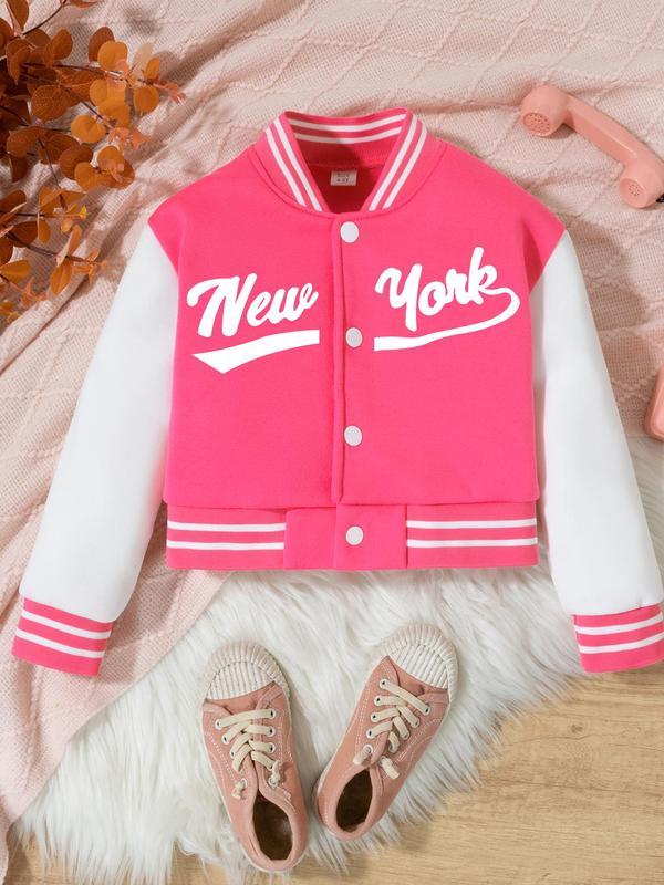 Toddler Girl's Colorblock Letter Print Button Front Varsity Jacket, Street Casual Long Sleeve Collared Outerwear for Fall & Winter, Kids Clothes for Daily Wear 4