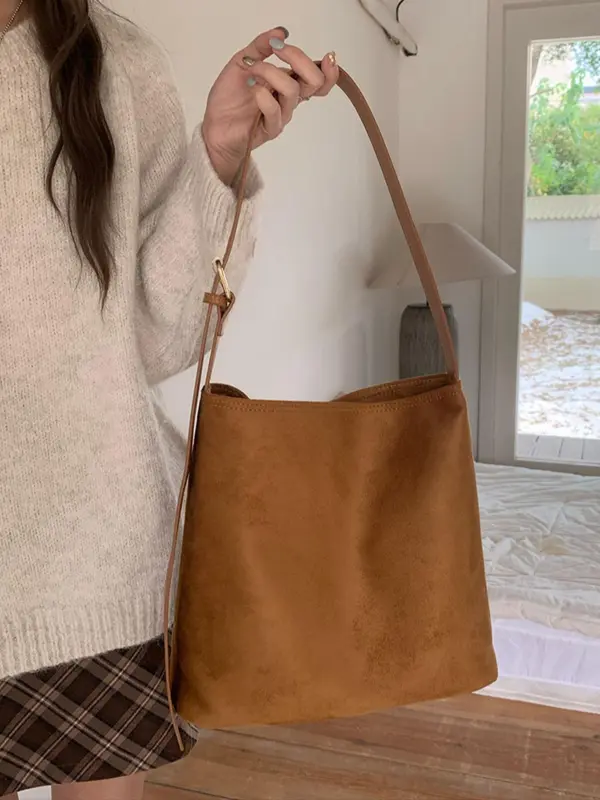Women's Solid Color Suede Tote Bag, Fashionable Large Capacity Shoulder Bag for Daily Used, Casual Trendy Versatile High-quality Daily Commuting Bag 3