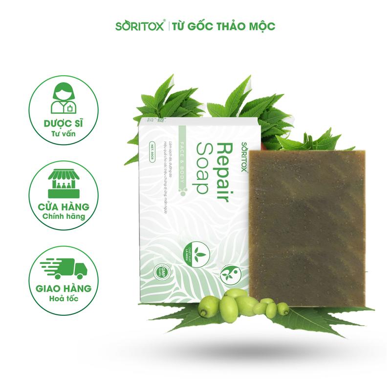 Xà bông thảo mộc chăm sóc da Vảy nến, Viêm da cơ địa, Hỗ trợ mờ thâm, Giảm mụn, Hỗ trợ sáng da với tinh chất lá Neem Ấn Độ - SORITOX SOAP 130GR