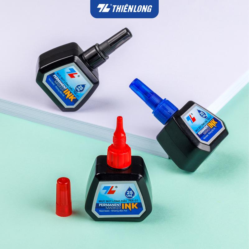Combo 3 Mực bút lông dầu Thiên Long PMI-01 - Màu mực xanh/đỏ/đen, bám dính tốt và bền màu với ánh sáng, thuận tiện bơm và châm thêm mực vào ruột bút