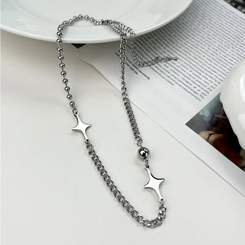 Vishaka - Necklace Kalung Rantai Titanium Steel Perak Aksen Bintang Pearl Fashion Style Retro Vintage Pria Wanita Korea Japan [I4-5]