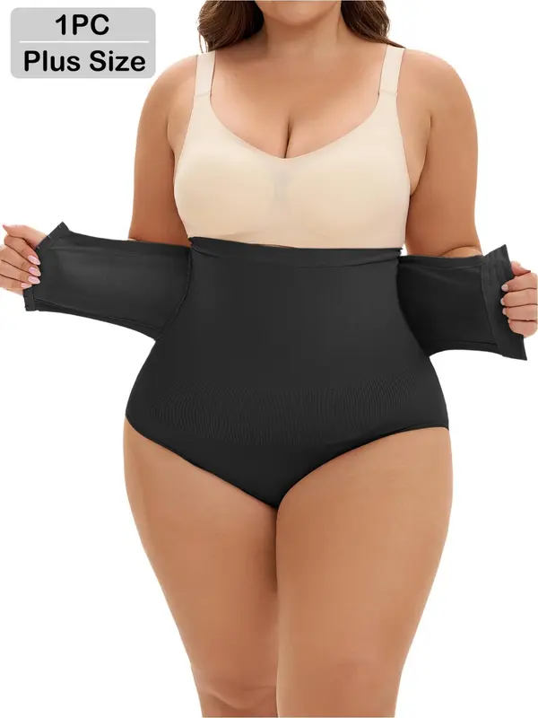 【Plus Size】 Solid High Waist Shapewear Panty, Tummy Control High Stretch Shaper, Women's Shapewear Bottoms for Daily Wear 4