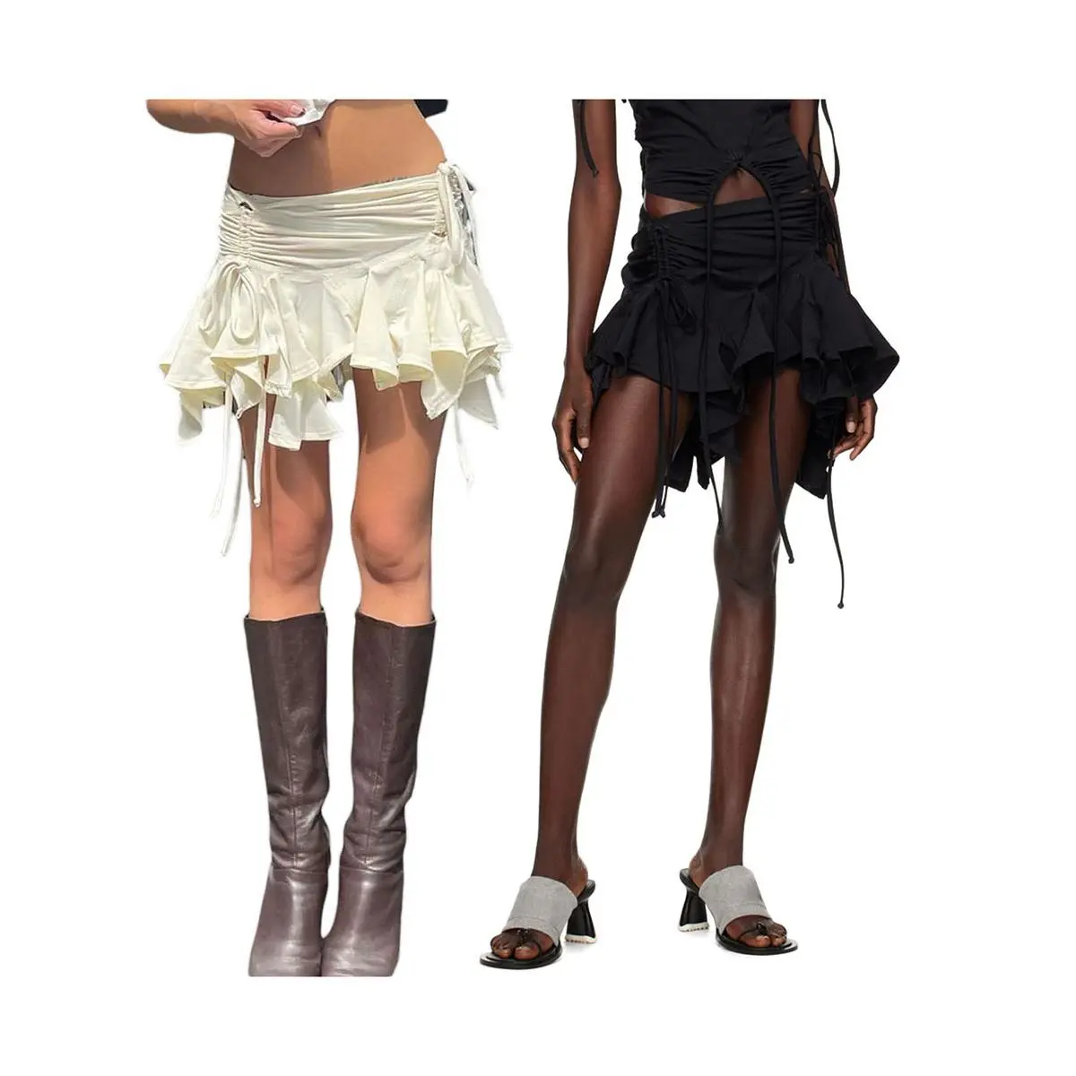 Women Gothic Punk Irregular Skirts Solid Color Drawstring Tie-Up Ruched Ruffles Mini Skirt Summer Fashion Short Skirts