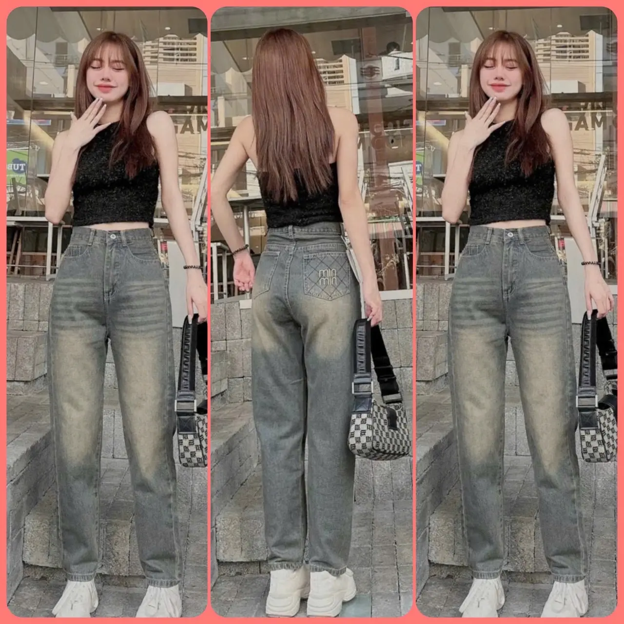 (S-XL dài 95cm) Quần Baggy Jeans Nữ Lưng Cao Họa Tiết Thêu, Tông màu ánh vàng bụi dơ, chất jean cotton mềm không giản, quần dài 95cm. 3410 quần jean Women Pants bui