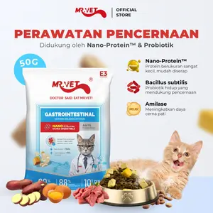[NEW] Mr. Vet - Makanan kucing kering 50g Mr. Vet E3 untuk sistem pencernaan, lebih unggul dari versi sebelumnya dengan teknologi Nano-Protein & Probiotik.