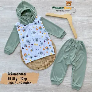 Nanaku Baby - Setelan Baju Tidur Bayi Kancing Depan Setelan Baju Hoodie Celana Diapers Usia 3-12 Bulan