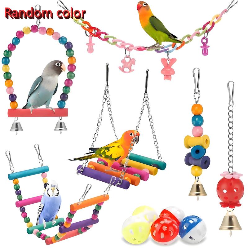 Product Introduction of Random Color Wooden Parrot Swing Toy Set, 6/12pcs Colorful Ladder & Swing & Bell & More Toy Set, Suitable for Small and Medium-sized Parrots, Pet Supplies 0