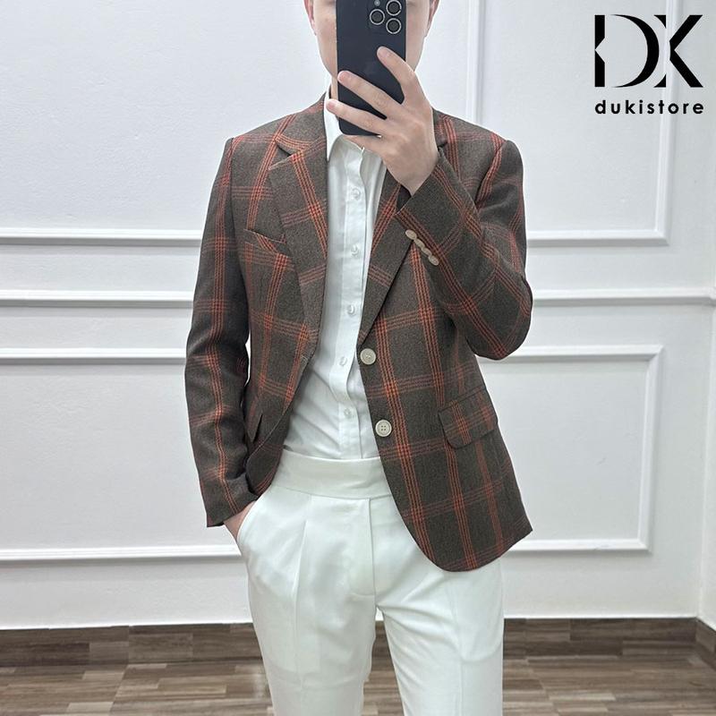 Áo vest nam, áo blazer nam 2 cúc Hàn Quốc kẻ caro màu nâu đỏ sang trọng ADK0011 - DUKI STORE
