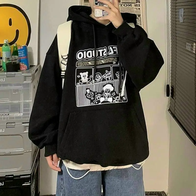 Áo Hoodie UNFL STUDIO Gấu Thun Nỉ Len Tay Dài Form Rộng Unisex - Kiểu Áo  Khoác Nỉ Chống Nắng Menswear Jacket Top Màu Đen 3