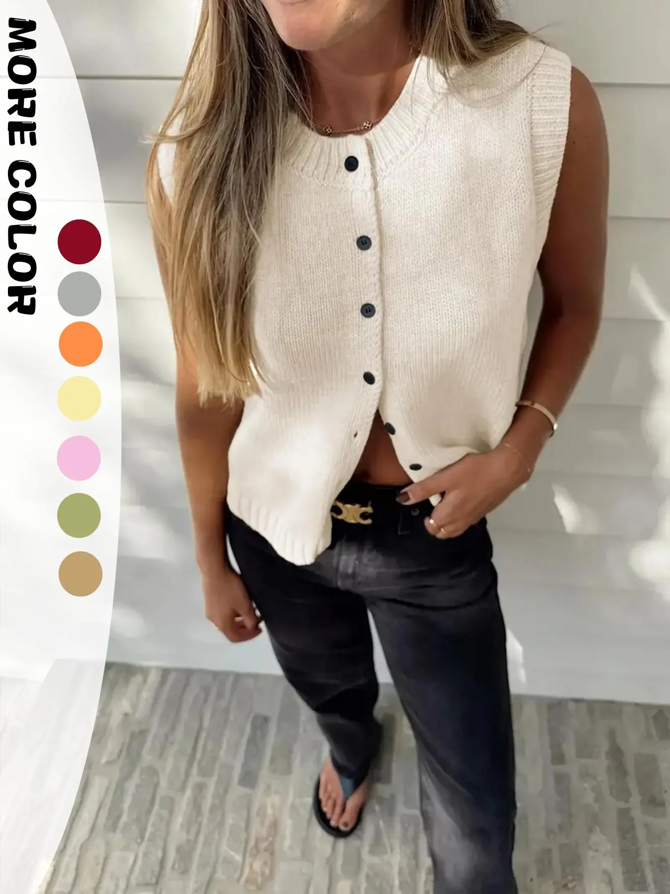 Women's Plain Button Sweater Vest, Casual Sleeveless Round Neck Knit Top for Spring & Fall, Fashion Women's Knitwear for Daily Wear