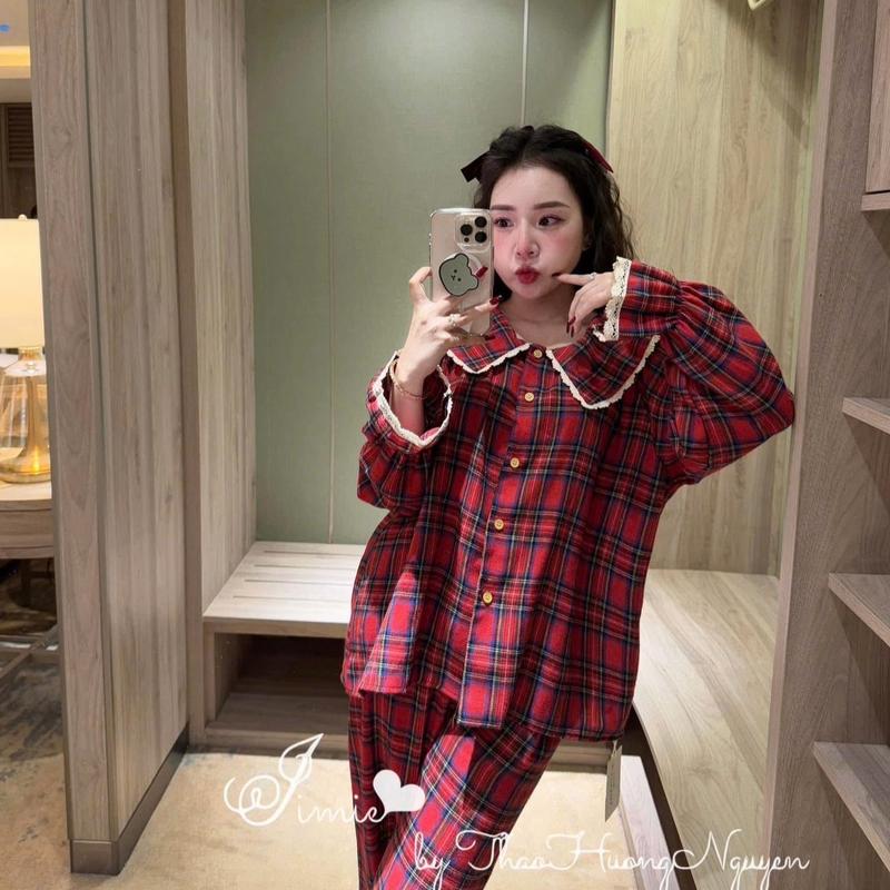 Sét bộ ngủ pijama trái dâu chất thô đũi mềm mịn siêu xinh freesize 40-60kg - Nữ - Women Nhung Tim Kem
