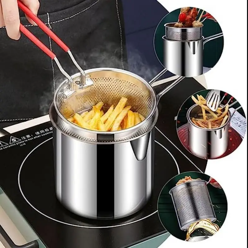 Nồi chiên ngập dầu dung tích 1200ml dùng được cho bếp từ có lưới lọc tiết kiệm dầu chất liệu thép không gỉ 304 3
