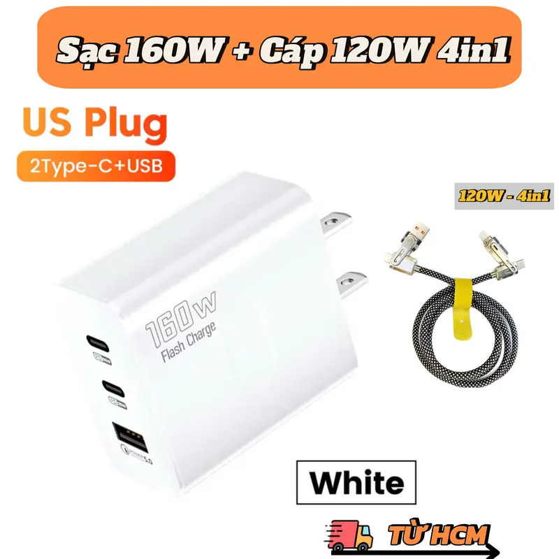 Củ Sạc Nhanh 160W 3 Cổng 2 Type-C 1 USB, Và Cáp Sạc Nhanh 120w 4 trong 1 - Sạc Siêu Nhanh Cho Điện Thoại Phone - Phụ Kiện 2