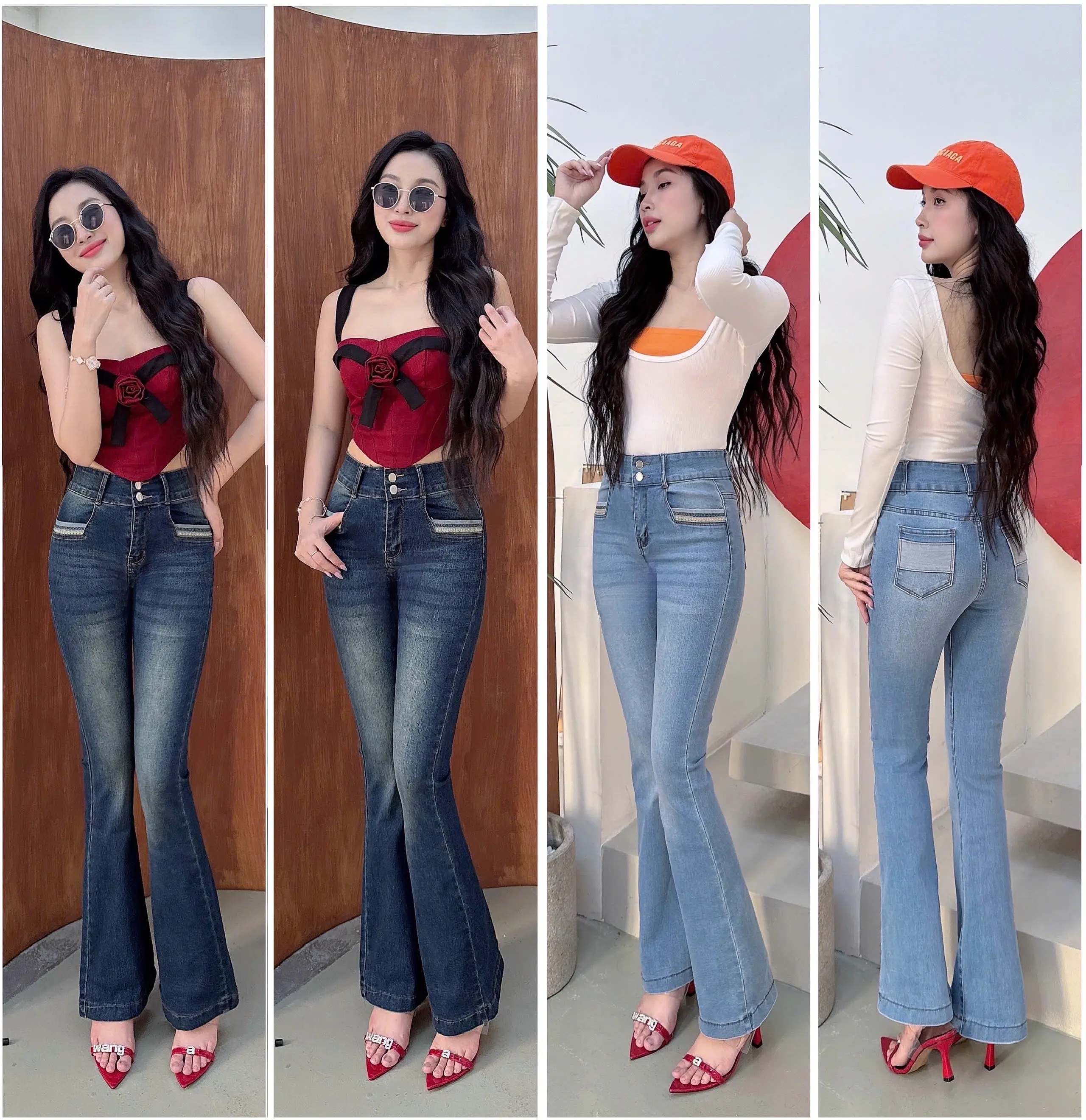 [98-100cm] Quần jean nữ ống loe 2n thêu túi kiểu NM Jeans, chất co giãn, đủ size từ 40kg đến 75kg, Pants, Women