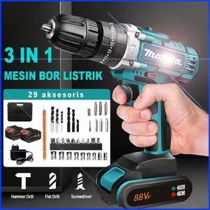 【Gift001】bor listrik 88vf Mesin bor 2baterai cas 10mm bor listrik murah bor tangan baterai besi tembok Beton kayu - Cordless Drill bor cas