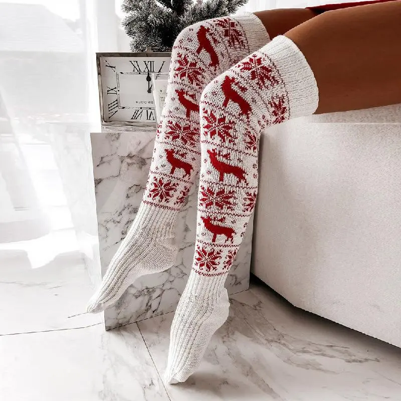 Women's Snowflake & Reindeer Pattern Over The Knee Socks, Athletic Socks, Athletic Socks for Women, Sports & Outdoor Accessories, Christmas Gift