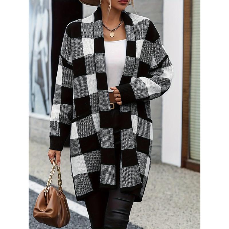 TikTok Shop Plaid Cardigan Fashion Color Contrast Long Sleeve Knitted Cardigan Fall Women s Clothing