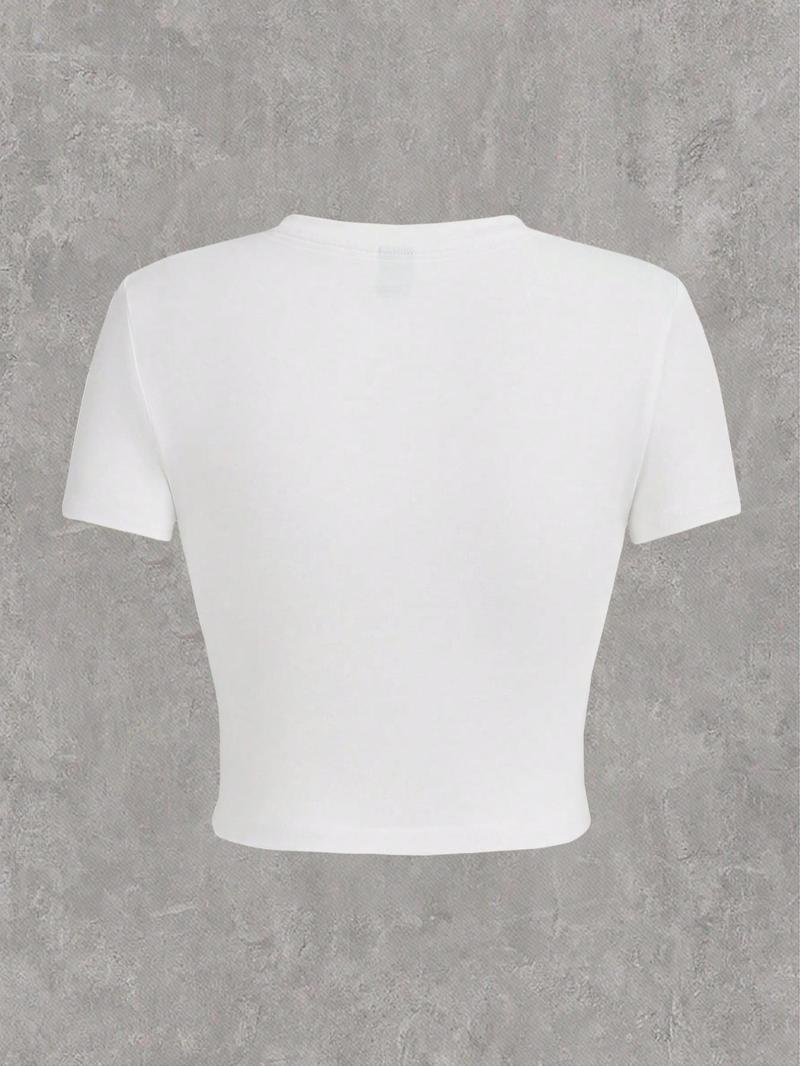 Product Introduction of Women's Figure & Letter Print Round Neck Crop Tee, Casual Short Sleeve  T-shirt for Daily Wear, Ladies Clothes for All Seasons 2