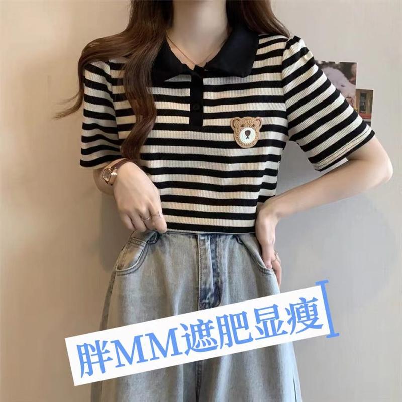Áo Thun Ngắn Tay Sọc, Dành Cho Nữ, Dáng Rộng Rãi Và Bó Sát, Thích Hợp Cho Bé Gái Đầy Đặn, 150,00kg, Cỡ Lớn Mùa Hè, Thời Trang, Cổ Polo Vai, Áo Trên áo  ngôi  sao  captain áo  thun  kẻ  sọc  ngang  nữ 2