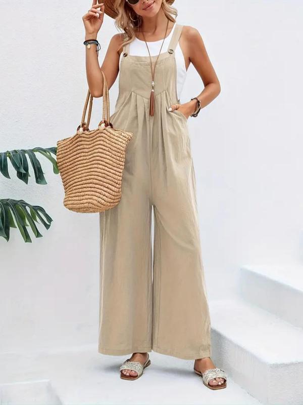 Women's Plain Plicated Button Wide Leg Overall Jumpsuit without Tank Top, Casual Square Neck Sleeveless Pocket Overall Jumpsuit for Summer, Jumpsuit for Women, Playsuit for Women, Summer Outfits 2024 6