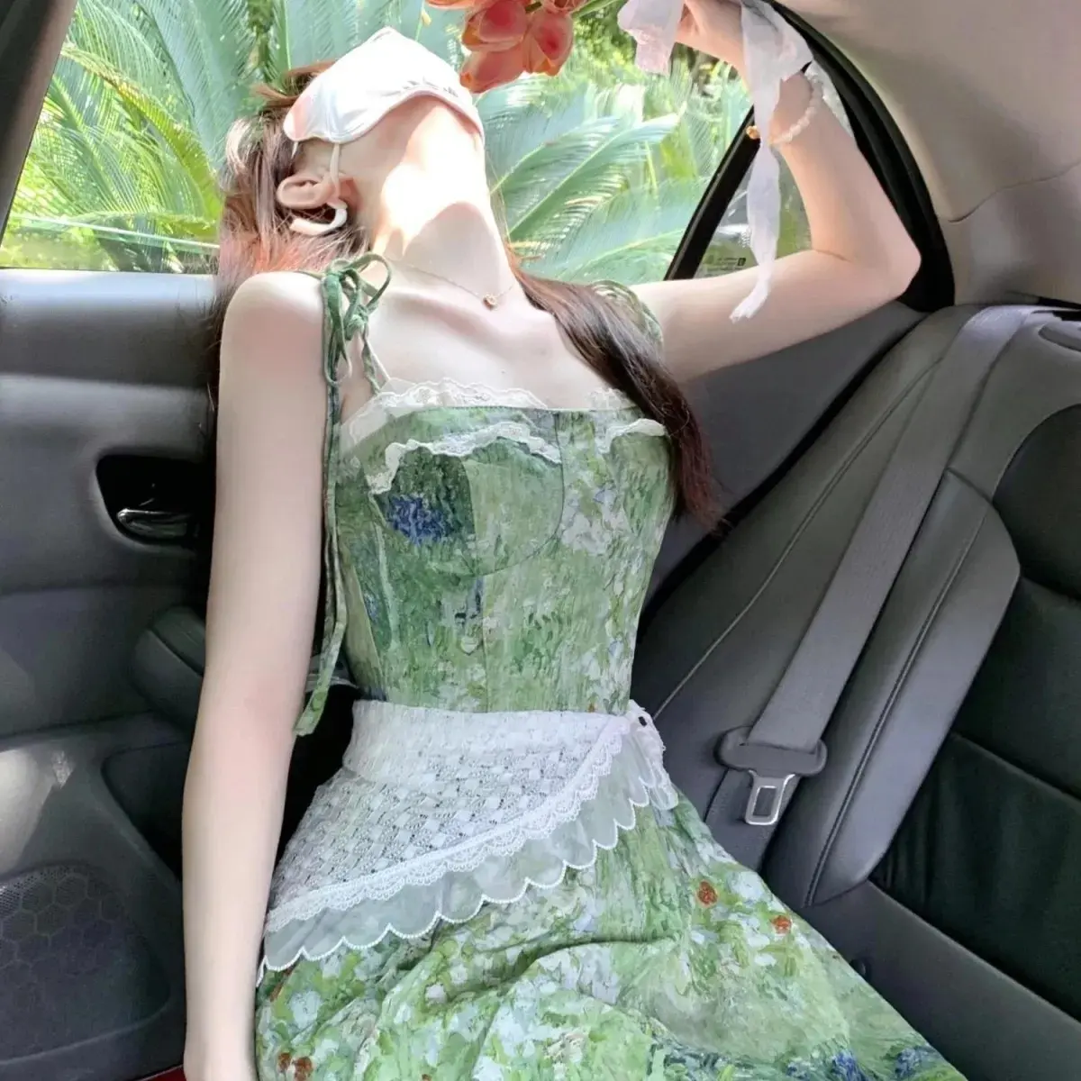 2025 Summer New Outfit Set Korean Style Floral Midi Dress Lace Waist Slimming Dress for Women