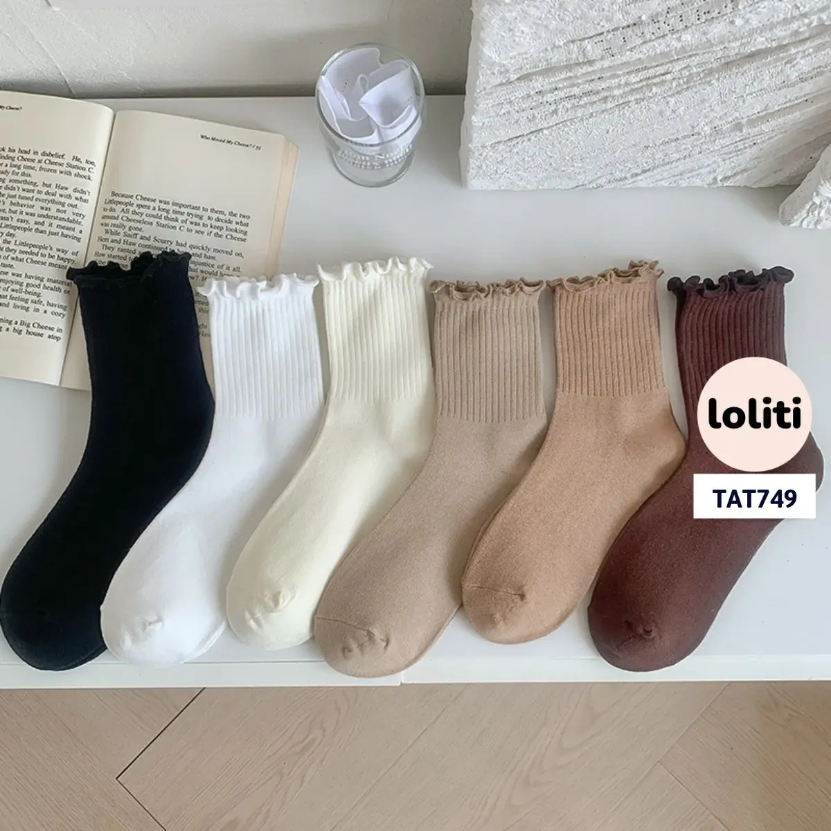 TAT749 Tất vớ nữ trơn cao cổ, kiểu dáng cổ bèo dễ thương, chất liệu vải Hàn co giãn, thấm mồ hôi LOLITI