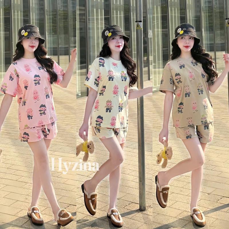 (From Rộng) Set Bộ Quàn Áo Nữ  40-62kg Hoạ Tiết Hình Gấu Labubu Chất Liệu Cotton Mịn, Chất Mát Và Co Dãn Phù Hợp Mặc Nhà ,Đi Chơi  Women Màu Hồng Kem