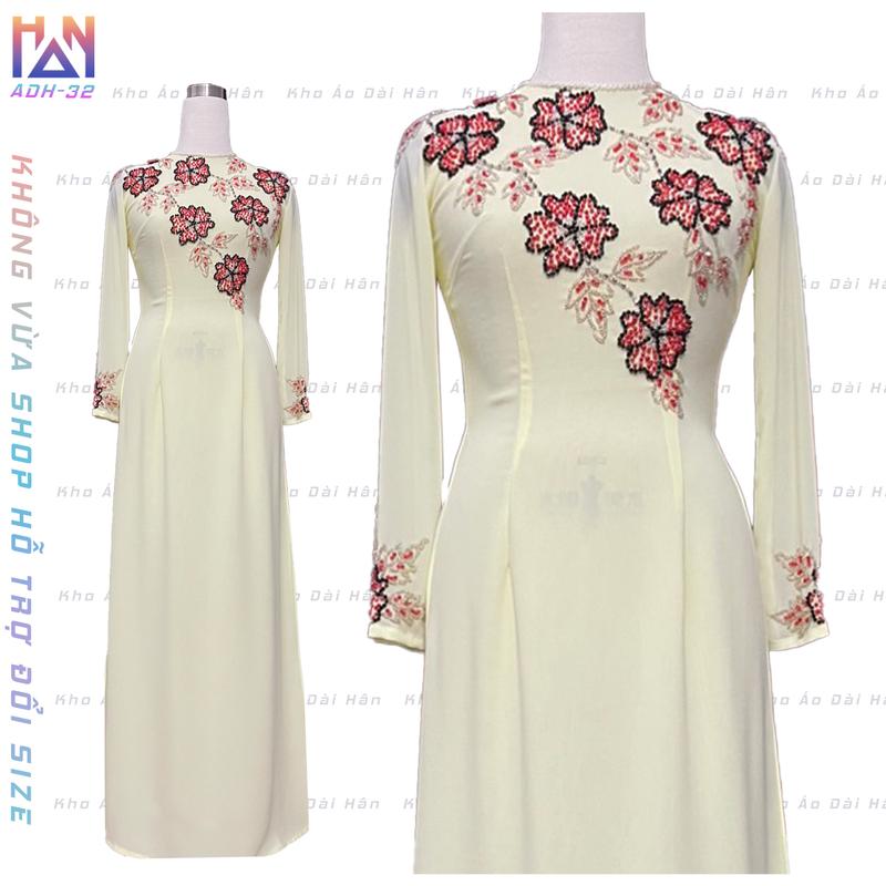  Áo dài thiết kế đính chỉ thêu tay thủ công màu vàng nhạt chất liệu chiffon 4 tà nữ dress women voi voan Sen 