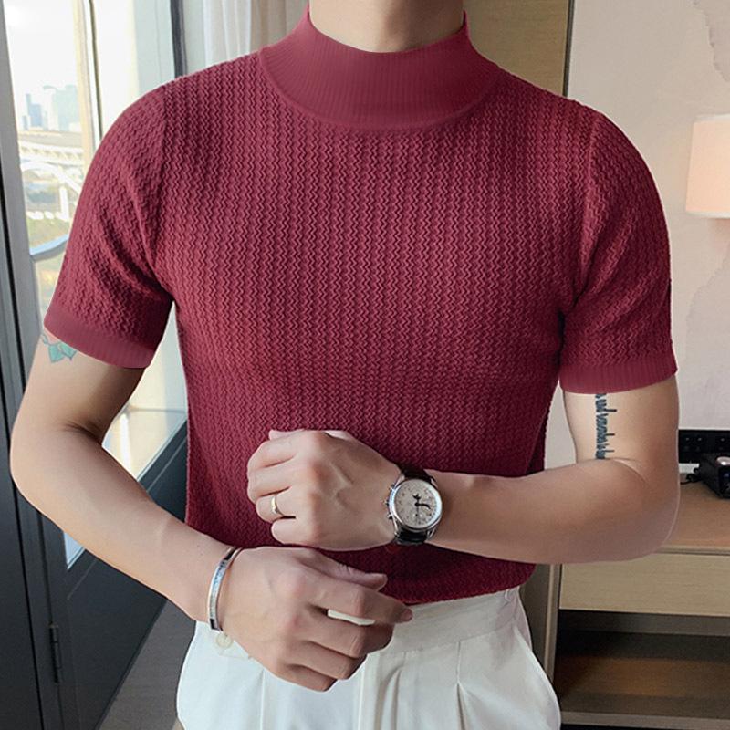 New Casual Simple Knitting Comfortable Bottoming Shirt European and American Men's Fashion High Collar Slim-Fit Water Ripple Solid Color T-shirt 3