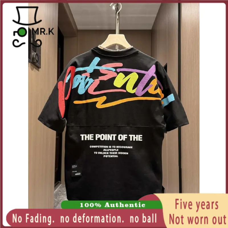 NO.1 New Trendy Fashion Joker Loose Dovetail Base Men's Foam Embroidered Printed Couple Short Sleeve Casual Handsome Mature T-shirt
