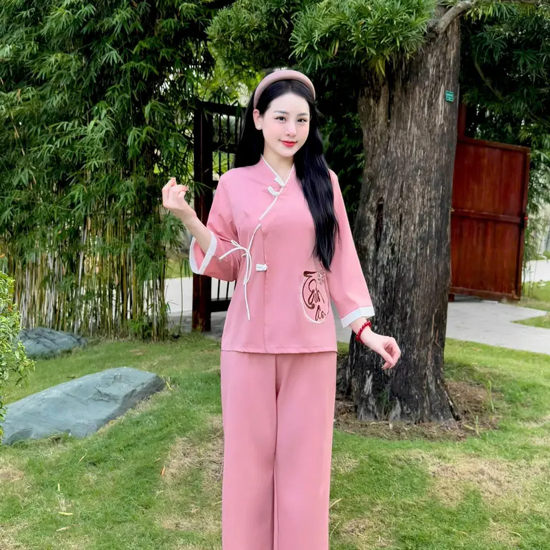 Tuệ Tâm Pháp Phục Đồ lam đi chùa nữ Thêu Tâm An Dây Nơ cổ V Lụa cao cấp mềm mịn 8
