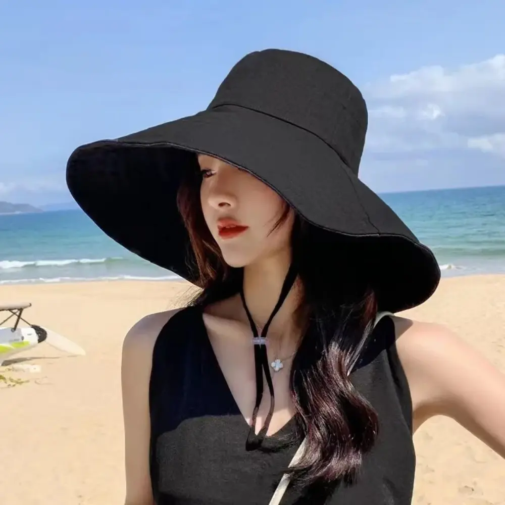 Topi Matahari Bertepi Lebar, Warna Pepejal, Untuk Wanita, Tahan UV, Sesuai untuk Kembara Berjalan Kaki dan Memancing, Boleh Dilipat, Diperbuat daripada Kapas Tulen, Bernafas, Sesuai untuk Musim Panas, Pantai, dan Aktiviti Luar yang lain.