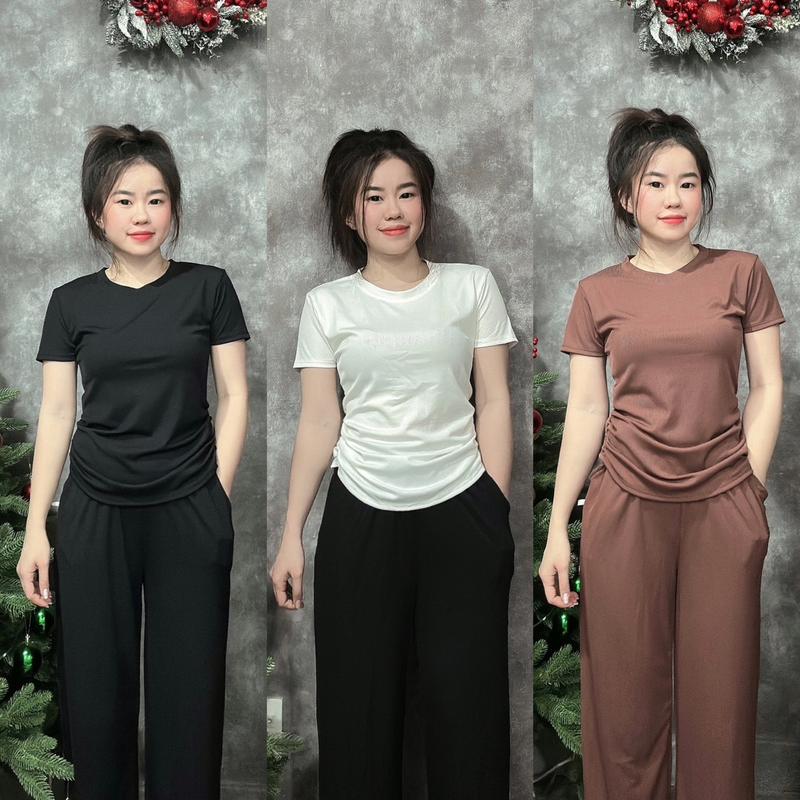 Sét 2 Món Áo Nhún 2 Bên Phối Quần Ống Suông Tôn Dáng Tôn Eo Vải Thun Tăm Lạnh Mềm Mát Mẻ Thích Hợp Mùa Hè Voi Nhung Top Ong